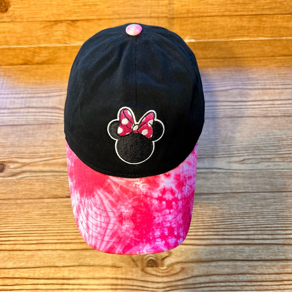 DISNEY MINNIE MOUSE Pink Black Tie Dye Brim Embroidered Logo Adjustable Hat Cap